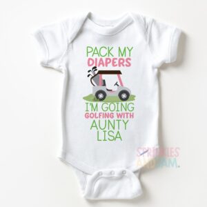 Golf Baby Onesie ® Brand | Pack My Diapers Golfing With Aunty Grandma | Personalized | Baby Girl | Shower Gift - SHORTSLV