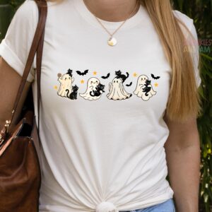 Cute Ghost Halloween Shirt | Black Cat Spooky Season Tee | Friendly Ghost Bat Outfit | Adorable Fall Trick Or Treat Top | Witchy Vibes Gift
